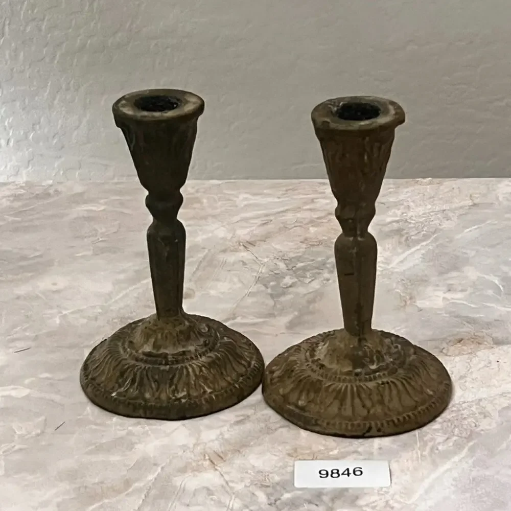 Antique Folk Art Cast Iron Candle Holders Gothic Medieval Style 7